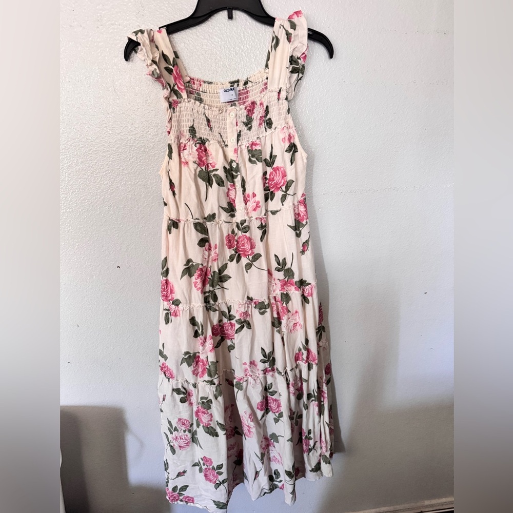 Old Navy Cream Dress with Pink and Green Floral Print